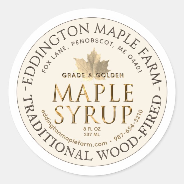 Ivory Maple Syrup Gold Maple Leaf Gold Border  Classic Round Sticker (Front)