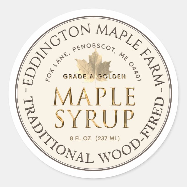 Ivory Maple Syrup Gold Maple Leaf Gold Border  Classic Round Sticker (Front)