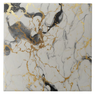 Ivory Marble Effect with Black and Gold Veins Tile