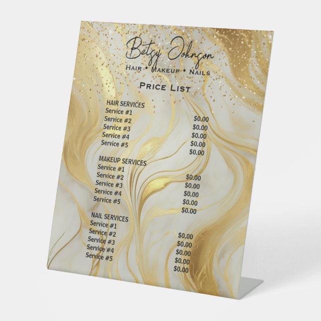 Ivory Marble Gold Glitter Beauty Salon Price List Pedestal Sign (Front)