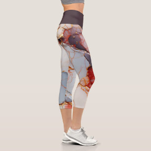 Ivory Marble with Crimson & Gold Veins Capri Leggings