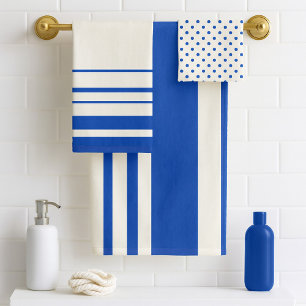 Ivory Marine Blue Stripes Polka Dots Bath Towel Set