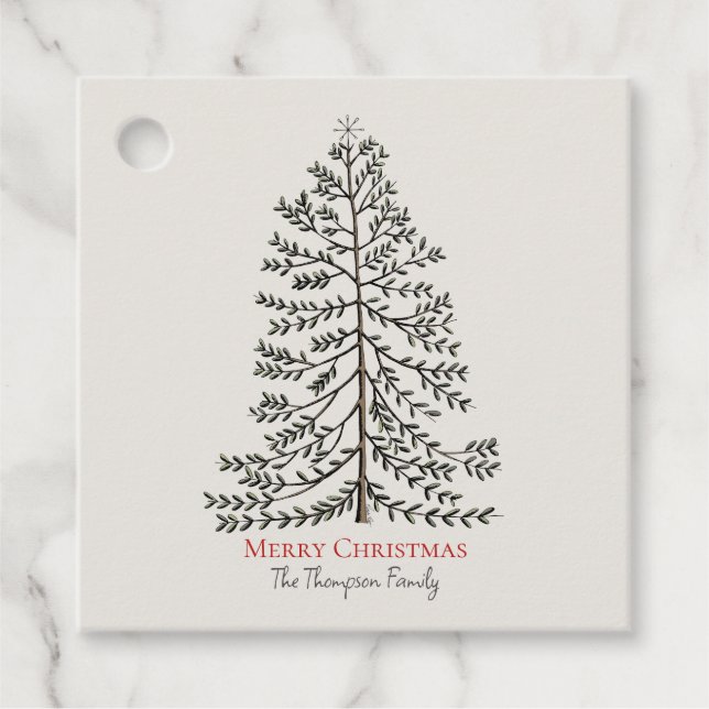Ivory Merry Christmas Xmas Tree Gift Tag (Front)