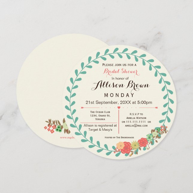 ivory mint coral floral bridal shower Invites (Front/Back)
