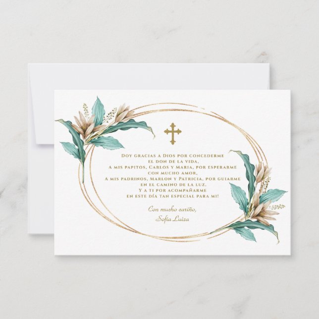 Ivory Mint Floral Gracias Con Oración Bautizo Thank You Card (Front)