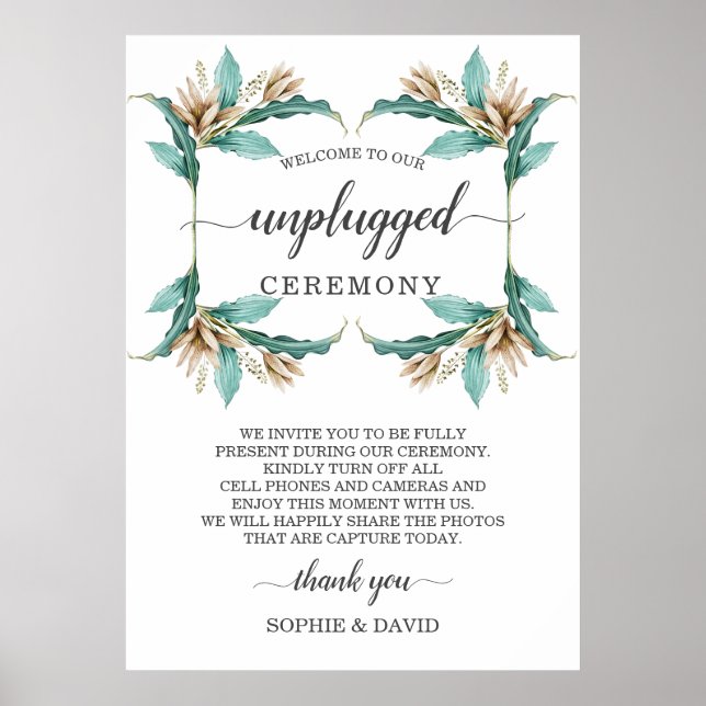 Ivory Mint Floral Unplugged Wedding Ceremony Sign (Front)