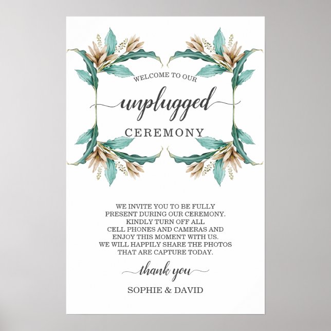 Ivory Mint Floral Unplugged Wedding Ceremony Sign (Front)