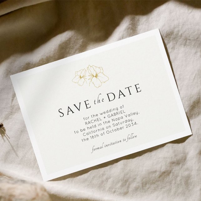 Ivory | Modern Gold Floral Flat Save The Date Card (Creator Uploaded)