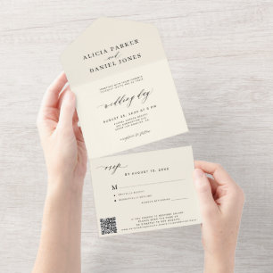 Ivory modern minimalist wedding RSVP QR code All In One Invitation
