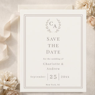 Ivory monogrammed wreath wedding Save the Date Flyer
