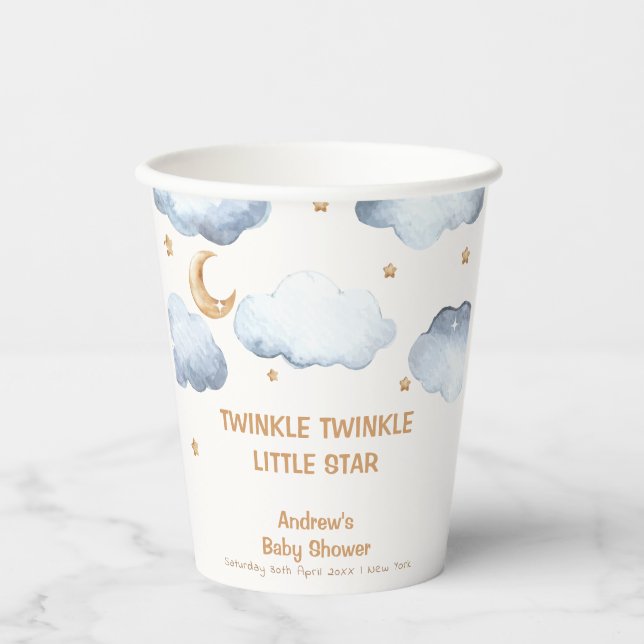 Ivory Moon Stars Twinkle Boy Baby Shower Paper Cups (Front)