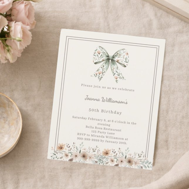 Ivory muted green bow florals birthday invitation (Creator Uploaded)