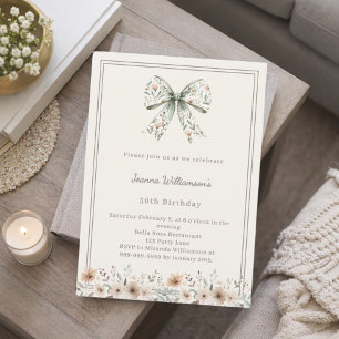 Ivory muted green bow florals birthday invitation