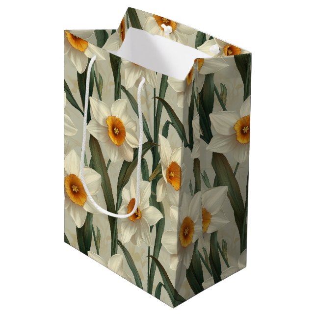 Ivory Narcissus Botanical Spring Print Medium Gift Bag (Front Angled)