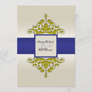 Ivory Navy and Gold Damask Wedding Invitation