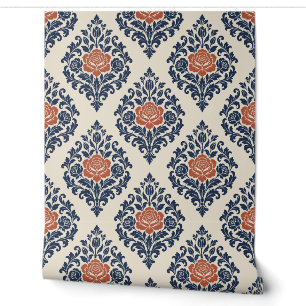 Ivory, Navy and Rust Baroque Damask Wallpaper