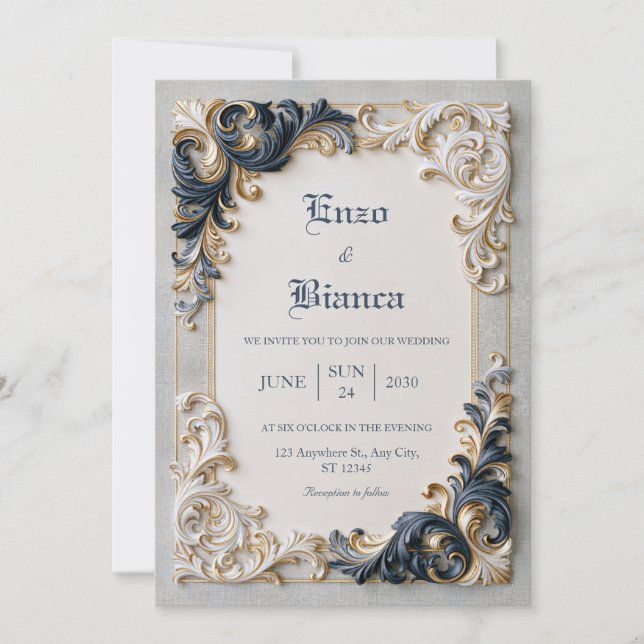 Ivory Navy Baroque Border Wedding Invitation (Front)