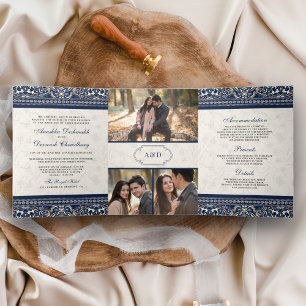 Ivory Navy Blue Border All in One Indian Wedding Tri-Fold Invitation