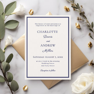 Ivory navy blue elegant minimalist wedding invitation