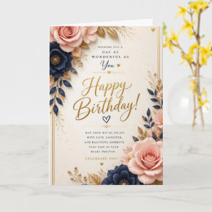 Ivory Navy Blush Floral Birthday Card