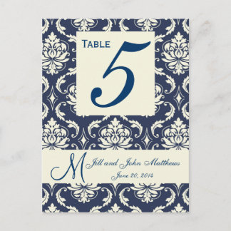 Ivory Navy Damask Wedding Table Number Postcard