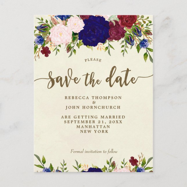 ivory navy floral wedding save the date postcard (Front)