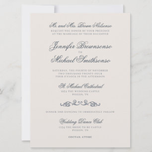 Ivory Navy Old Style Wedding Invitation