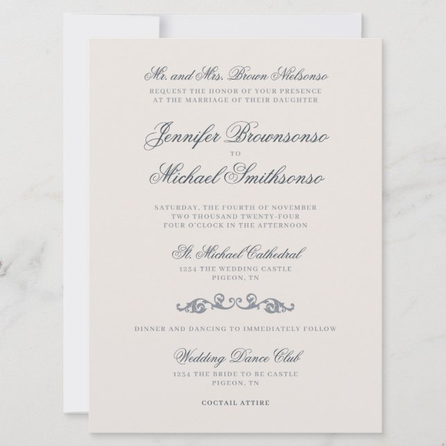 Ivory Navy Old Style Wedding Invitation (Front)