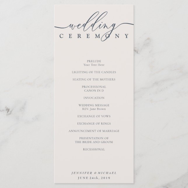 Ivory Navy Reception Wedding Ceremony Programme (Front)
