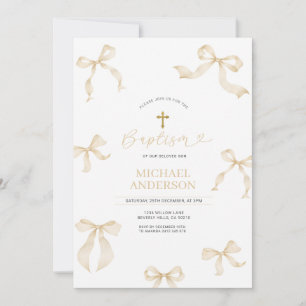 Ivory Neutral Bow Christening Invitation