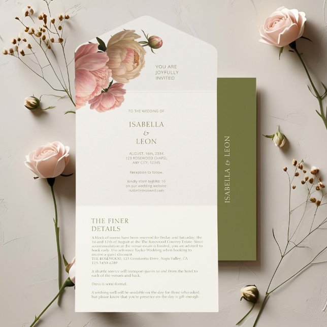 Ivory & Olive | Blush Rose Wedding  All In One Invitation (Creator Uploaded)