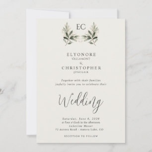 Ivory Olive Branch Monogram Photo Wedding  Invitation