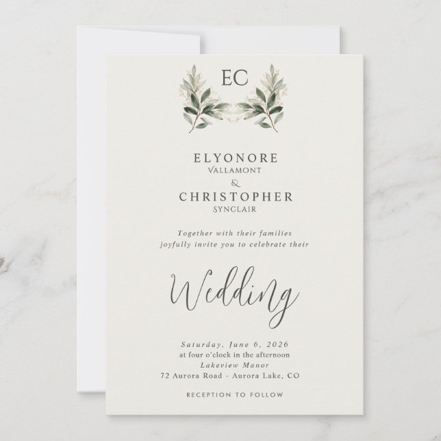 Ivory Olive Branch Monogram Photo Wedding  Invitation (Front)