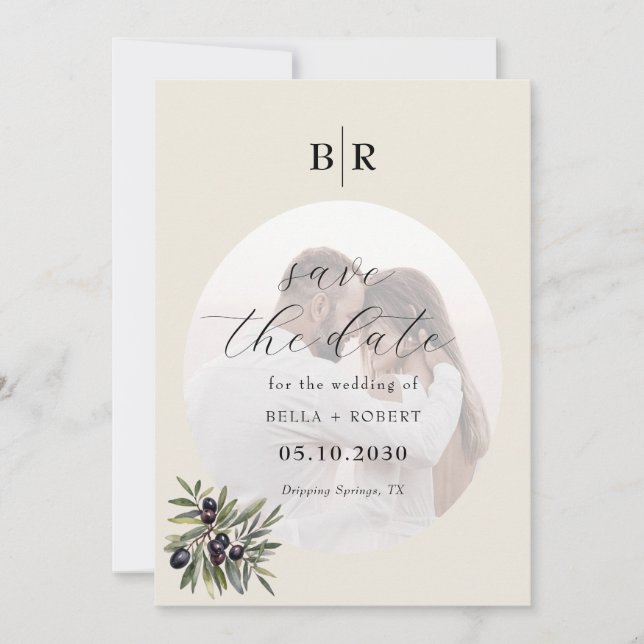 Ivory Olive Branch Monogram Photo Wedding Save The Date (Front)