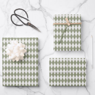 Ivory & Olive Green Harlequin Diamonds Wrapping Paper Sheet