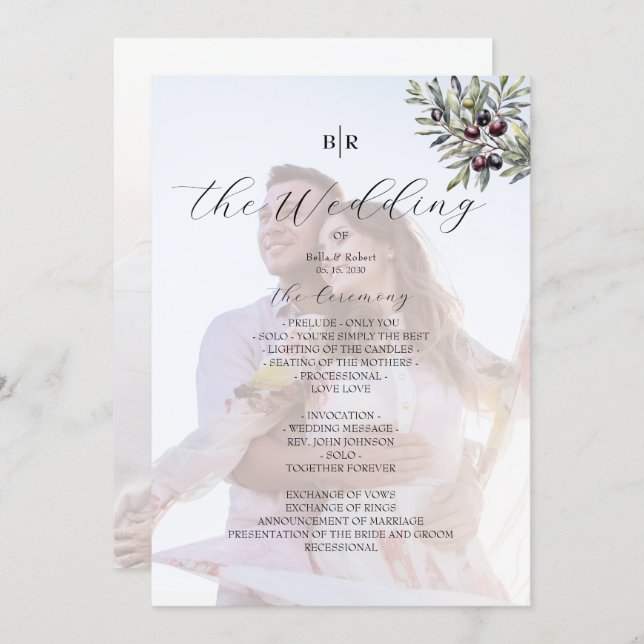 Ivory Olive Monogram Photo Wedding Program Programme (Front/Back)