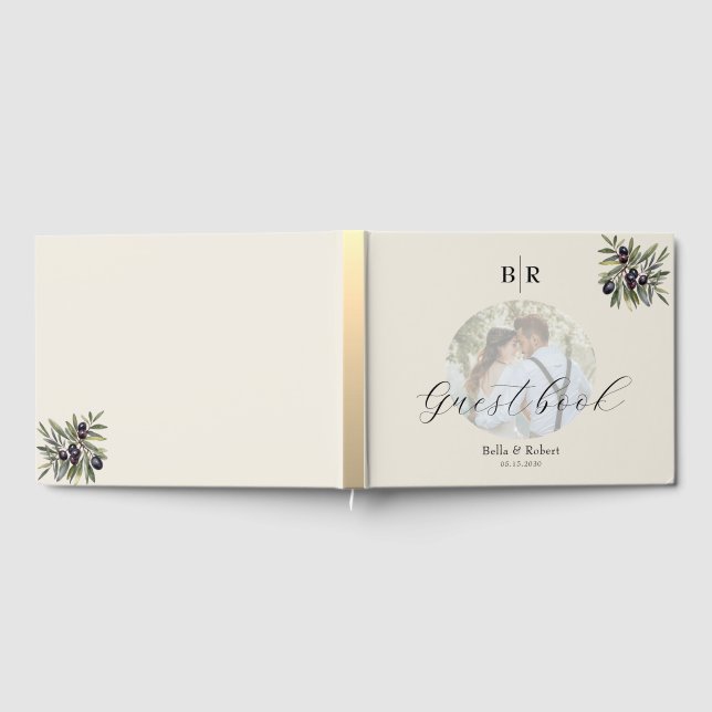 Ivory Olive Photo Monogram Wedding Guest Book (Full)