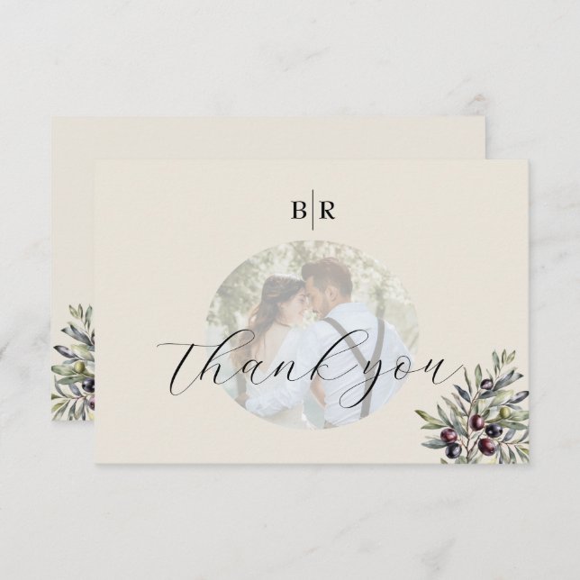 Ivory Olive Photo Monogram Wedding Thank You Card (Front/Back)