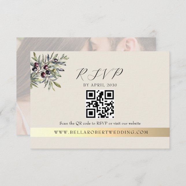Ivory Olive Photo QR Wedding RSVP Card (Front/Back)