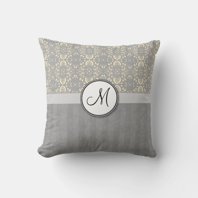 Ivory on Silver Damask and Stripes with Monogram Cushion (Front)