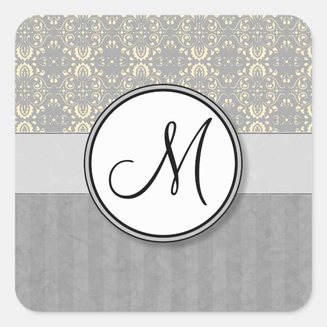 Ivory on Silver Damask and Stripes with Monogram Square Sticker (Front)