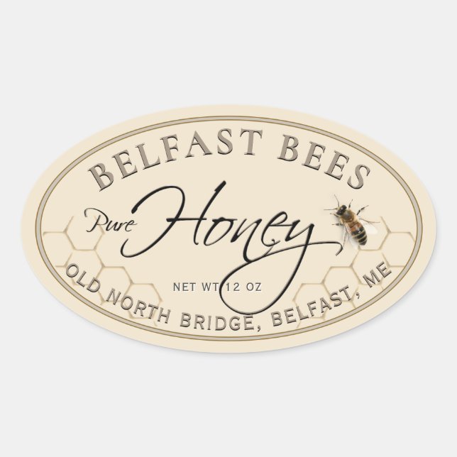 Ivory Oval Honey Label with Bee and Honeycomb (Front)