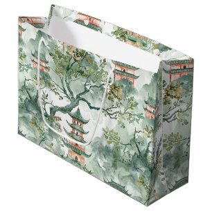 Ivory Pagoda Sage Botanical Chinoiserie Large Gift Bag