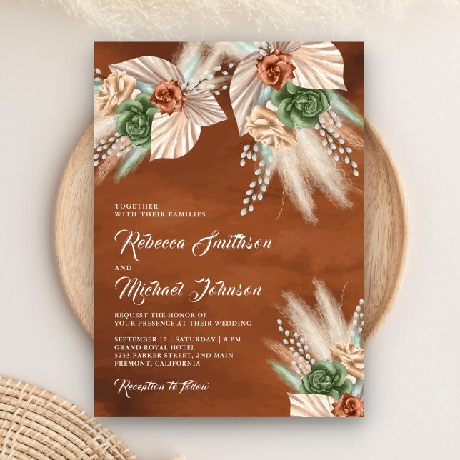 Ivory Palm Earthy Floral Pampas Terracotta Wedding Invitation (Creator Uploaded)