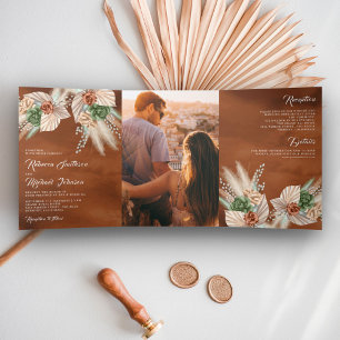 Ivory Palm Earthy Floral Pampas Terracotta Wedding Tri-Fold Invitation
