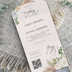 Ivory Pampas Grass Roses & Elegant Script Wedding All In One Invitation