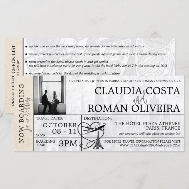 Ivory Paris Wedding Boarding Pass Invitation (Front/Back)