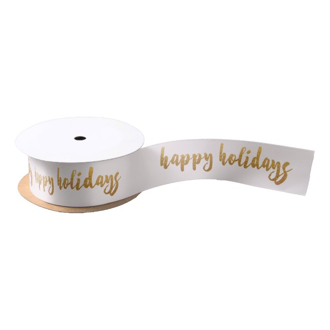 Ivory Pastel Golden Happy Holidays Reinadeer Satin Ribbon (Spool)