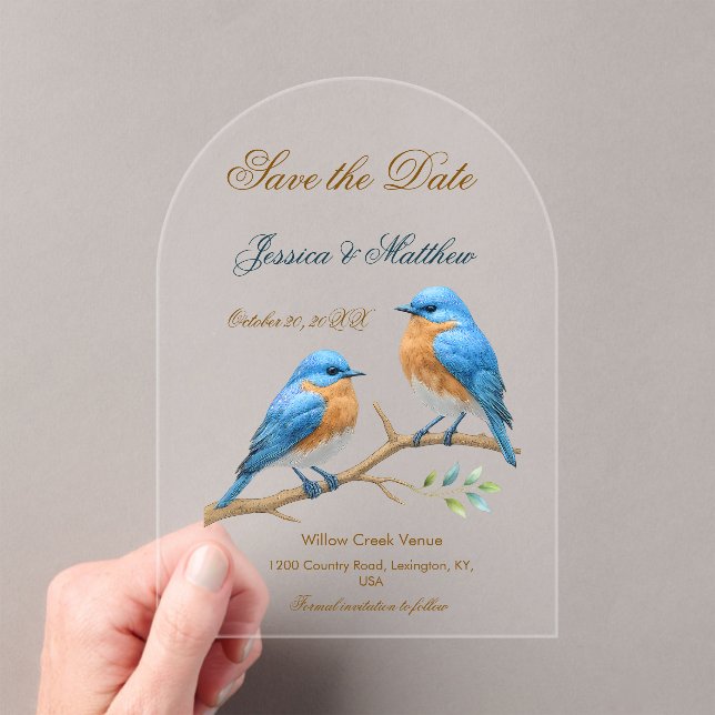Ivory Pastel Lovebirds Romantic Bluebirds Wedding Acrylic Invitations (Insitu (Handheld))