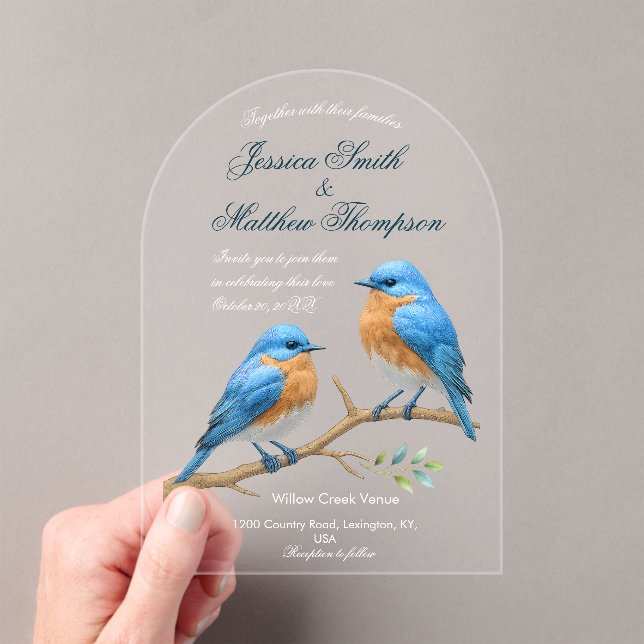 Ivory Pastel Lovebirds Romantic Bluebirds Wedding Acrylic Invitations (Insitu (Handheld))